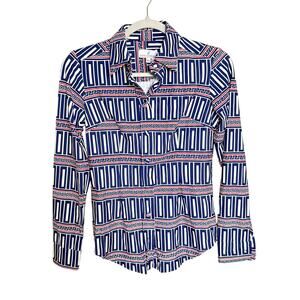 Jude Connally Button Down Top Geometric Print Long Sleeve Blue Size XS NEW